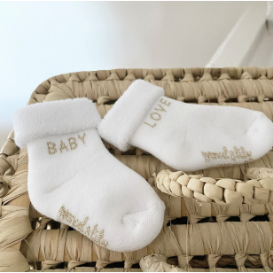 Chaussettes naissance " Baby Love" blanc et or
