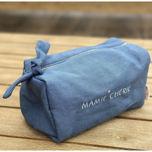 Trousse lin brodée " Mamie Chérie"  - bleu marine