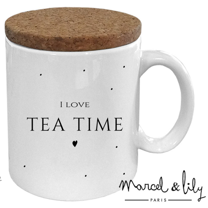 Mug avec son couvercle en liège  "I Love Tea Time"